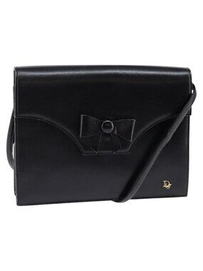 Authentic Christian Dior Shoulder Bag Leather Black Gold